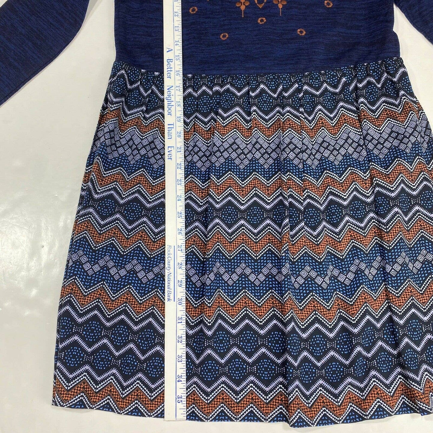 Anthropologie THML Boho Dress Sz Small Navy Blue Brown Embroidery Zig Zag