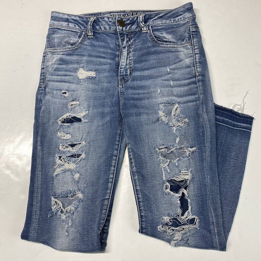 American Eagle Hi-Rise Jegging Crop Sz 10 Super Stretch Denim Repaired Holes