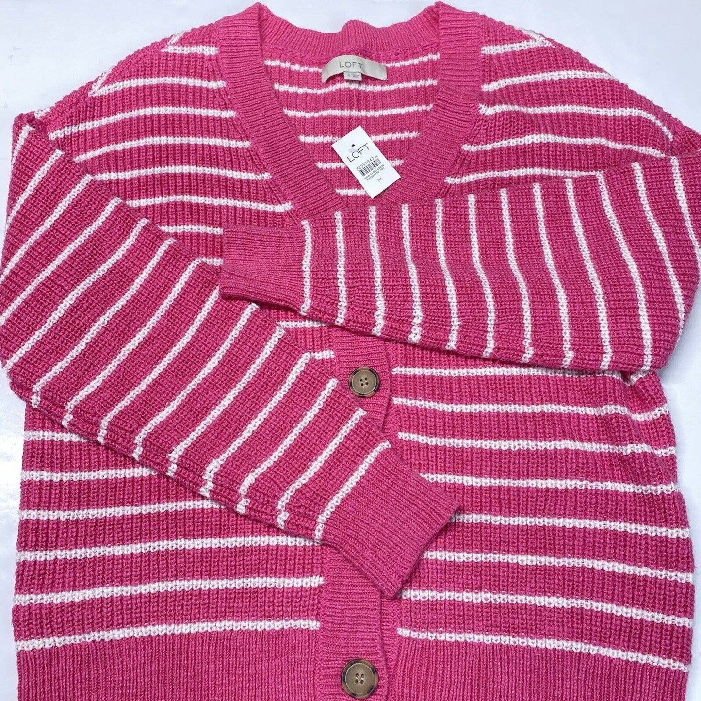 Loft Button Up Knit Cardigan Medium Pink/White Striped Long Sleeve Sweater NEW