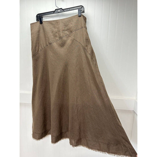 Eddie Bauer 100% Linen Maxi Skirt Womens 14 Petite Brown Side Zip Raw Hem Fray