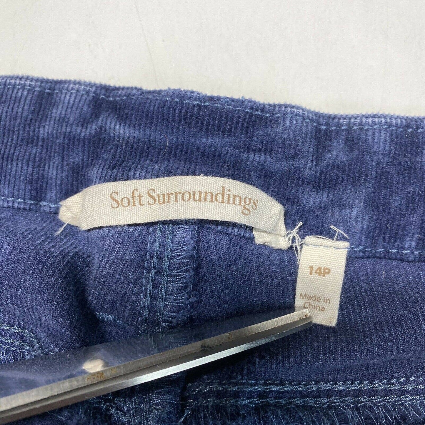 Soft Surroundings Blue Corduroy Pants Sz 14 Petite High Rise Tapered Leg Short