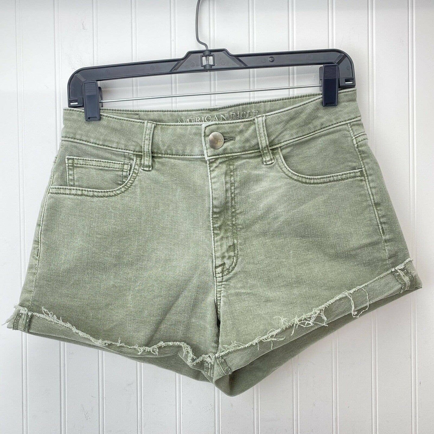 American Eagle Hi-Rise Shortie Sz 8 Super Super Stretch Green Denim Short RawHem