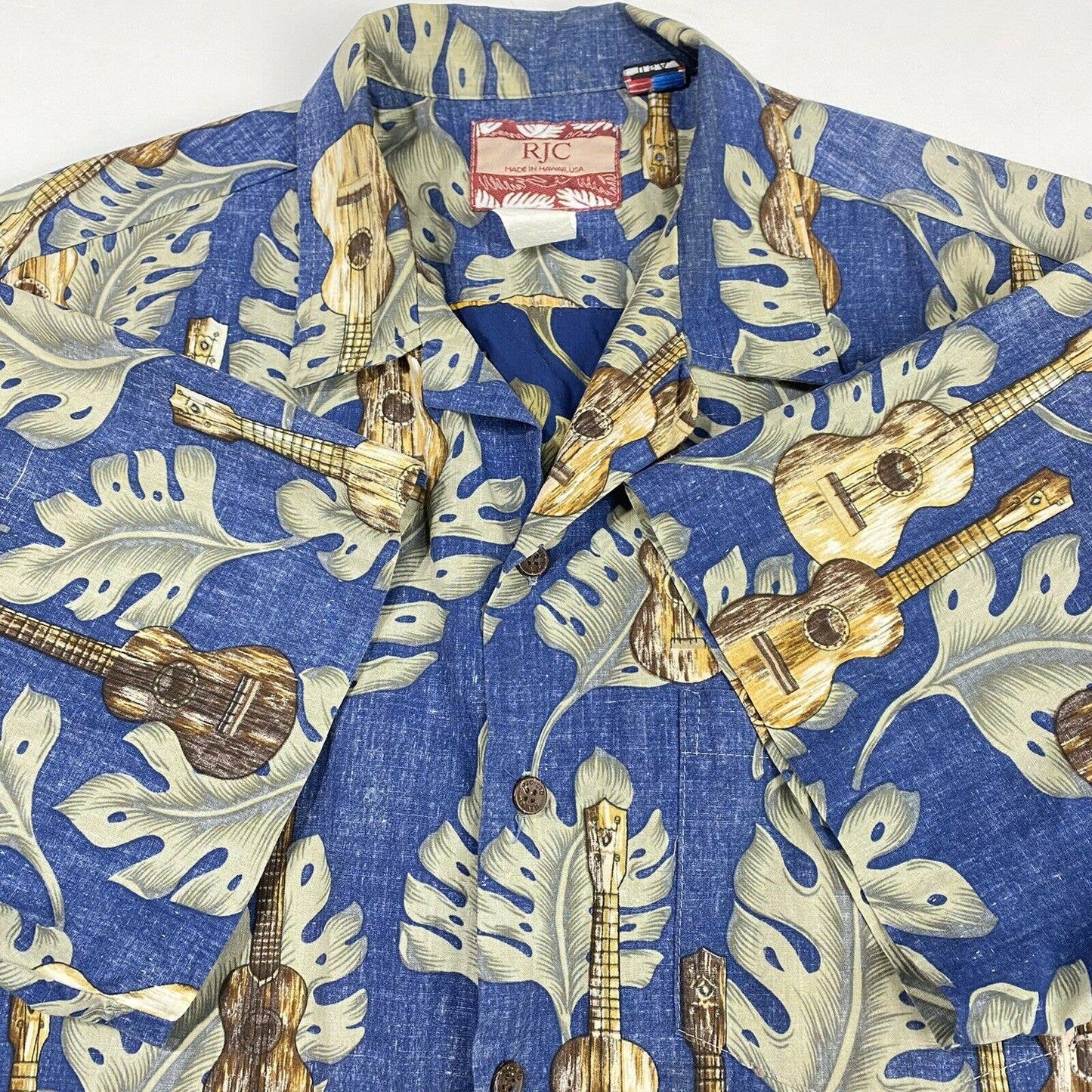 RJC Hawaiian Button Up Shirt Sz XL Mens Casual Blue Short Sleeve Top Ukelele USA