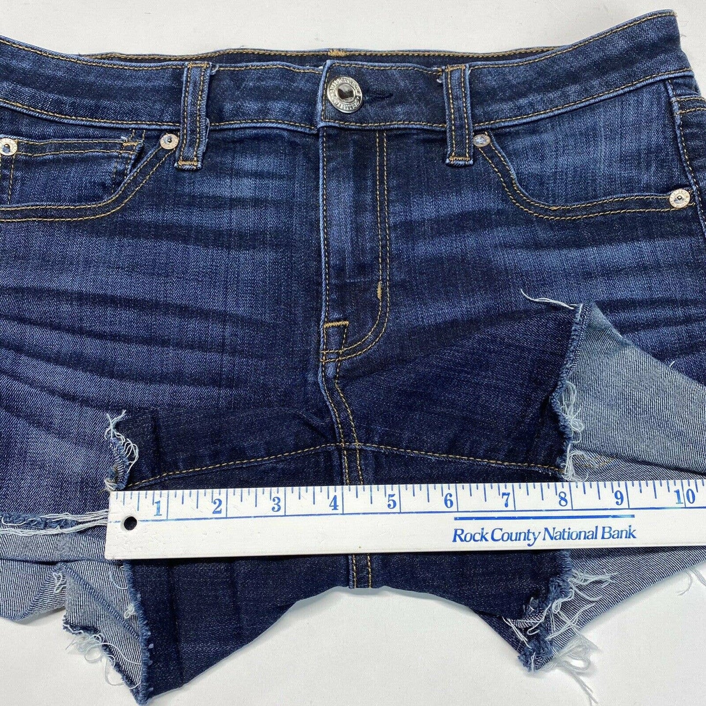 American Eagle Shortie Sz 8 Midrise Super Stretch Denim Shorts Dark Raw Hem EUC