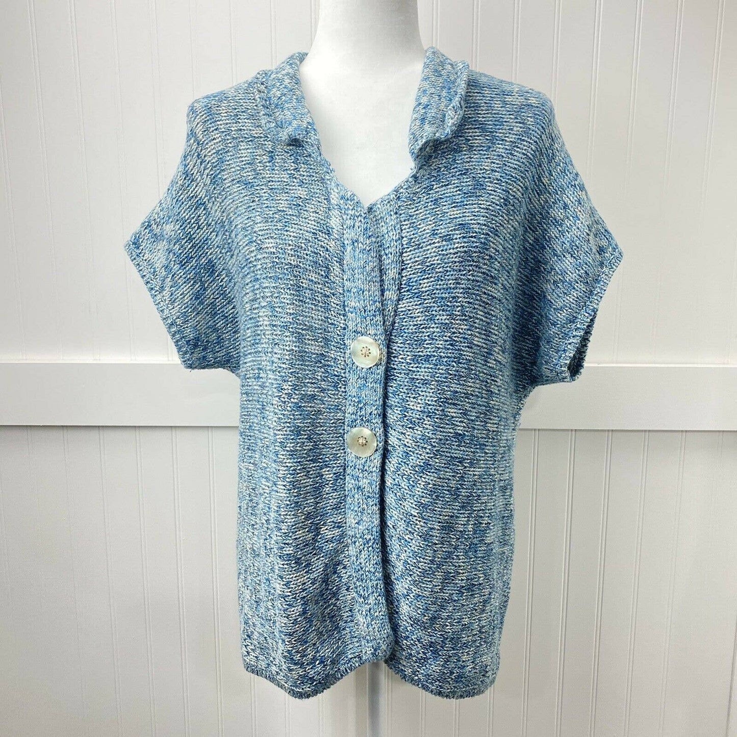 J Jill Knit Cardigan Sz Large Womens Blue Short Sleeve Sweater Layer Big Buttons