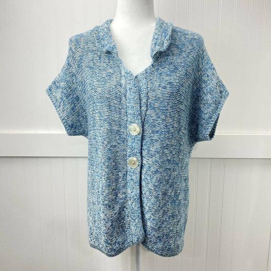 J Jill Knit Cardigan Sz Large Womens Blue Short Sleeve Sweater Layer Big Buttons