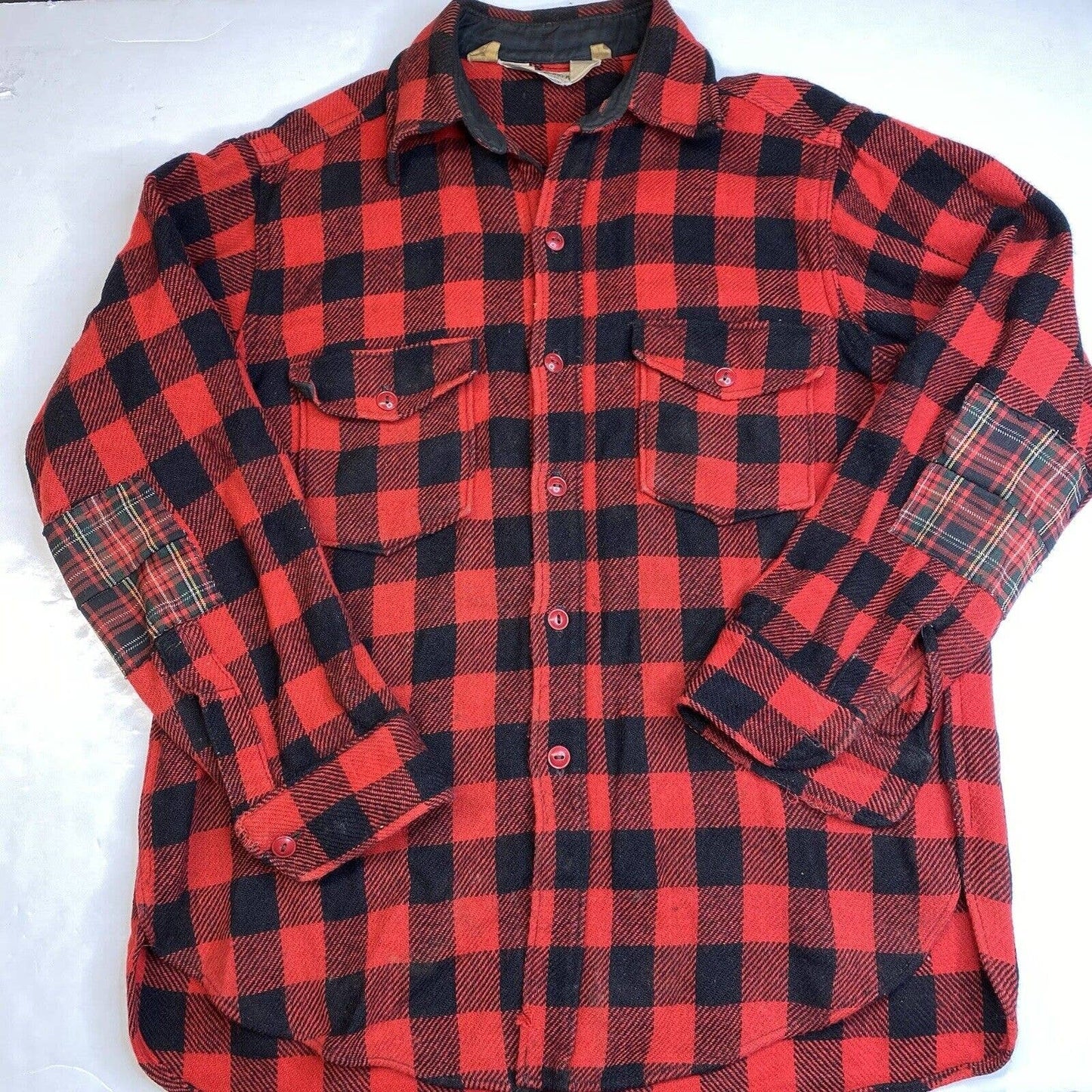 Vintage Woolrich Wool Shacket Mens Large Red Buffalo Plaid Mackinaw Tartan *Flaw