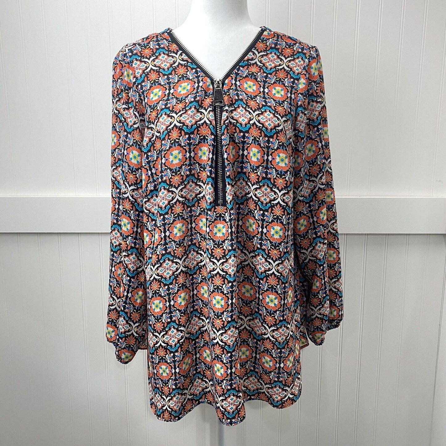 Zac & Rachel Boho Tunic Top Sz 1X Orange Teal Multicolor Pattern Zip Neckline