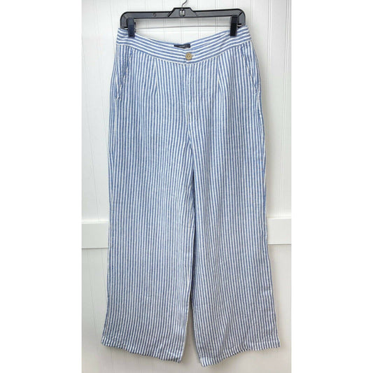 Tahari 100% Linen Wide Leg Pants Sz 12 High Rise Blue White Stripes Lightweight