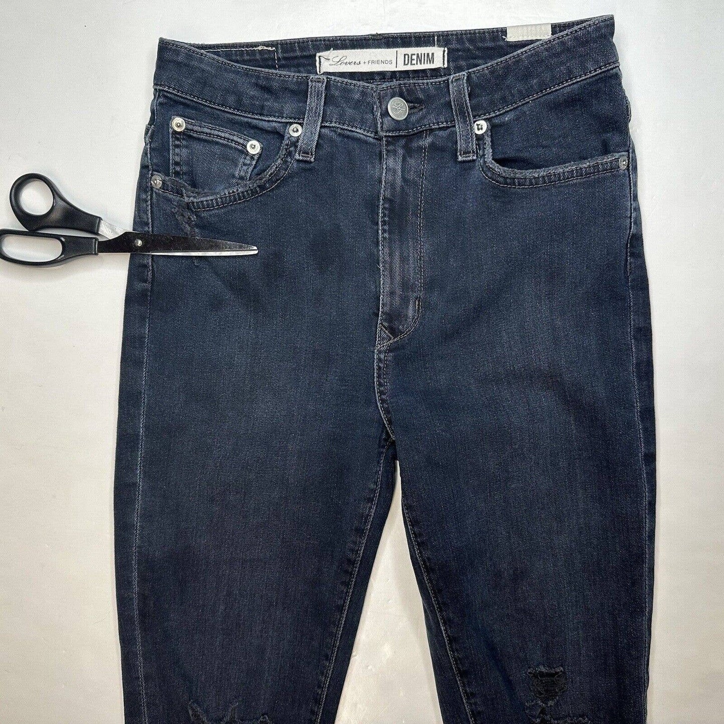 Lovers + Friends Mason Skinny Jeans Sz 26 High Rise Blue Denim Distressed *Flaw