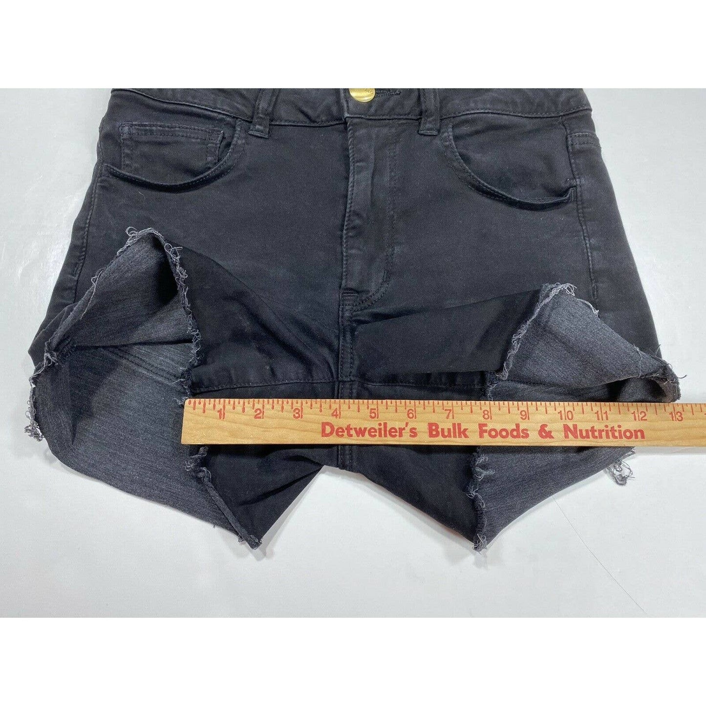 American Eagle Hi-Rise Shortie Sz 8 SuperSuper Stretch Black Denim Shorts RawHem