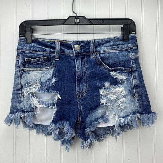 American Eagle Hi-Rise Shortie Sz 4 Stretch Denim Shorts Destroyed Holes Fringe