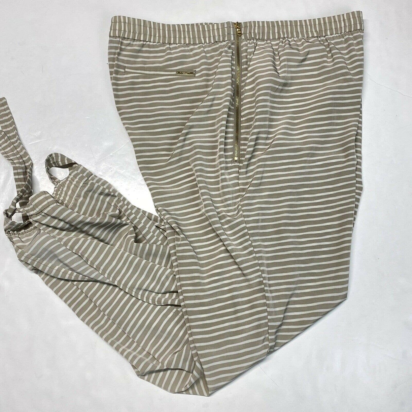 Black Label Chicos Striped Ankle Tie Pants Sz 2 (US 12) Beige Elastic Side Zip