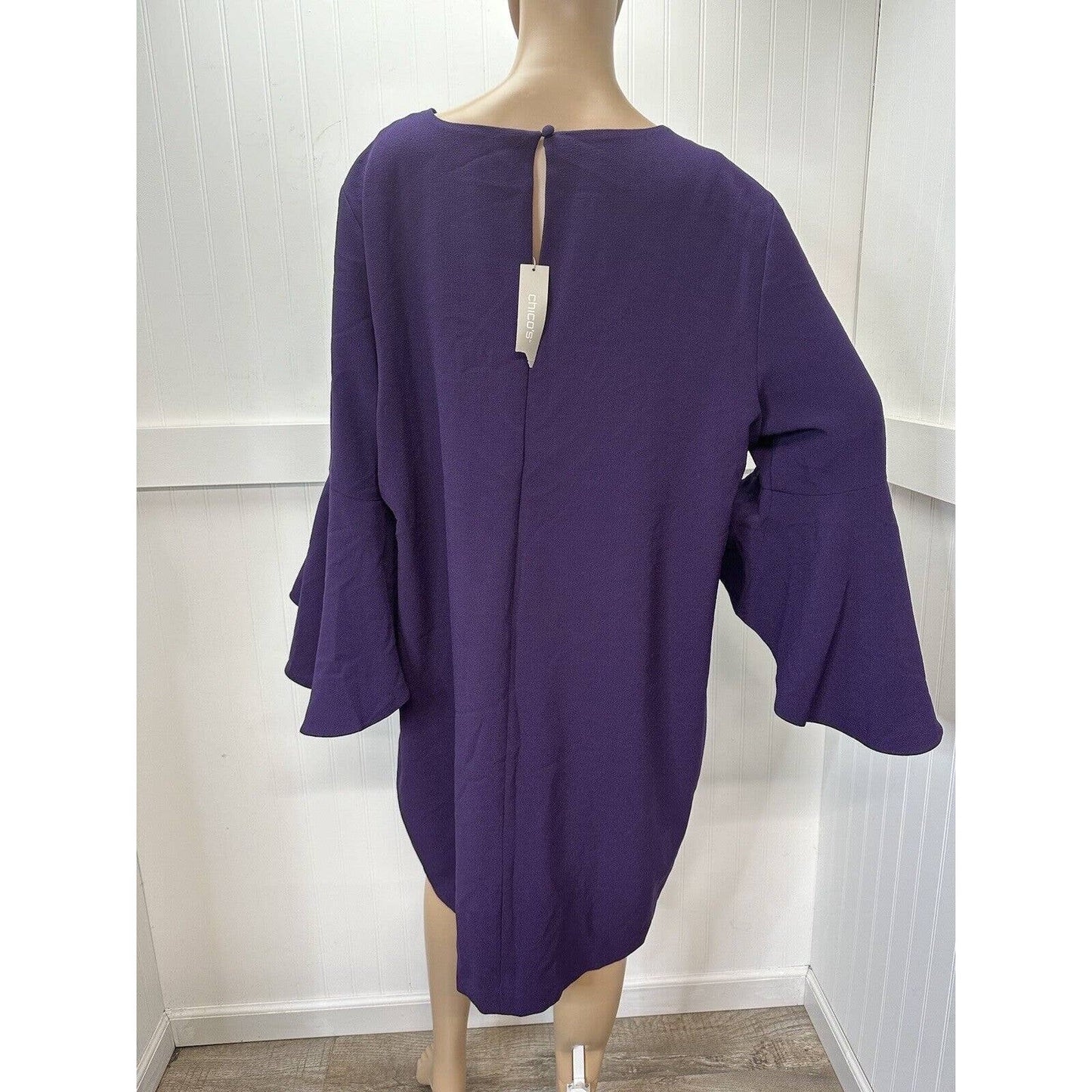 Chicos Shift Dress 4 (US 20/XXL) Womens Deep Purple VNeck Bell Sleeves Lined NEW