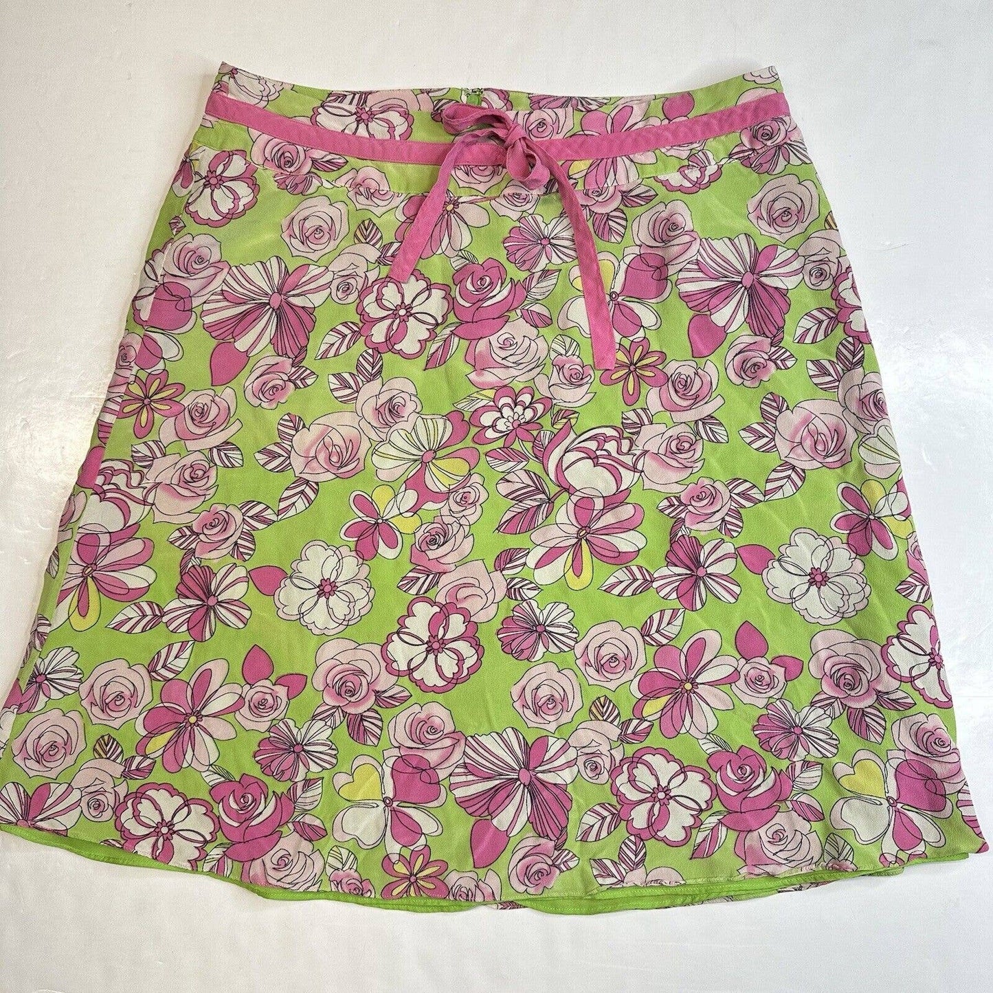 SLB Silk Short Skirt Womens Large Pink Green Floral Sheer Layer Retro Barbie