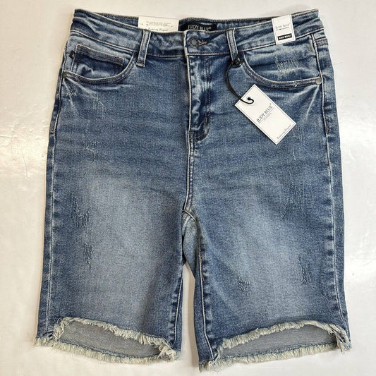 Judy Blue Aubrey High Waist Bermuda Shorts Sz Large Denim Blue Jean Distress NEW