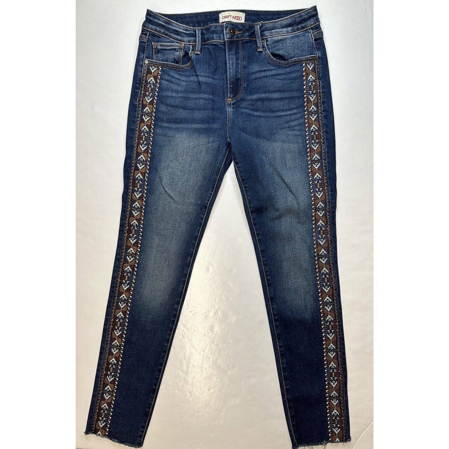 Driftwood Jackie Skinny Jeans Womens 28 Denim Western/Aztec Embroidery Fray EUC