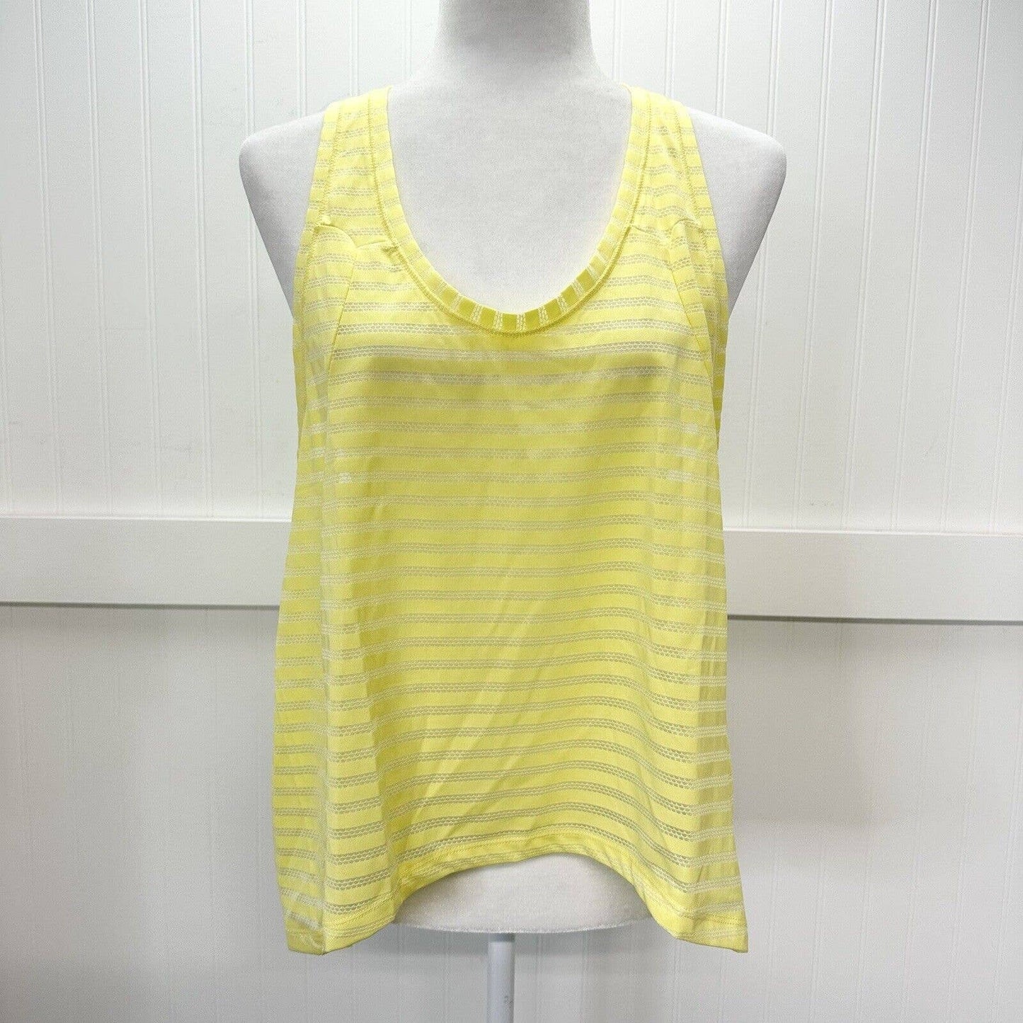 Zyia Active Nimbus Split Back Tank Top Large Yellow Open Back Sheer Stripe EUC