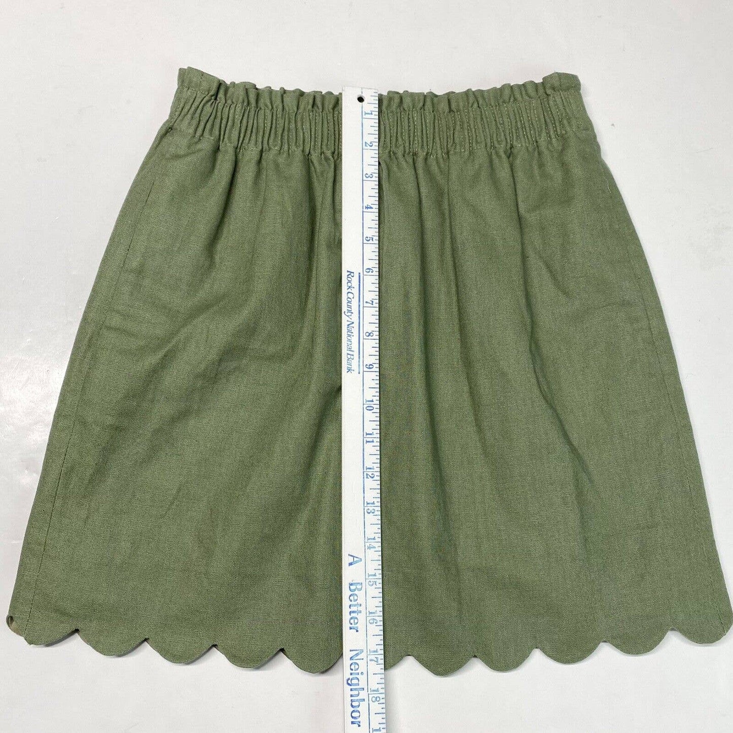 J. Crew Linen Blend Pull On Mini Skirt Sz 2 Green Lined Scalloped Hem Pockets