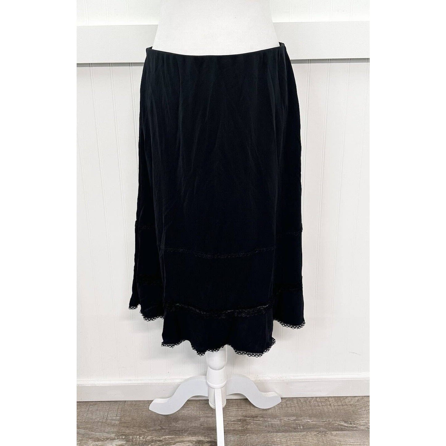 J.Jill Midi Skirt Large Black Pull On Slinky Slip Lace Trim Lightweight 90s