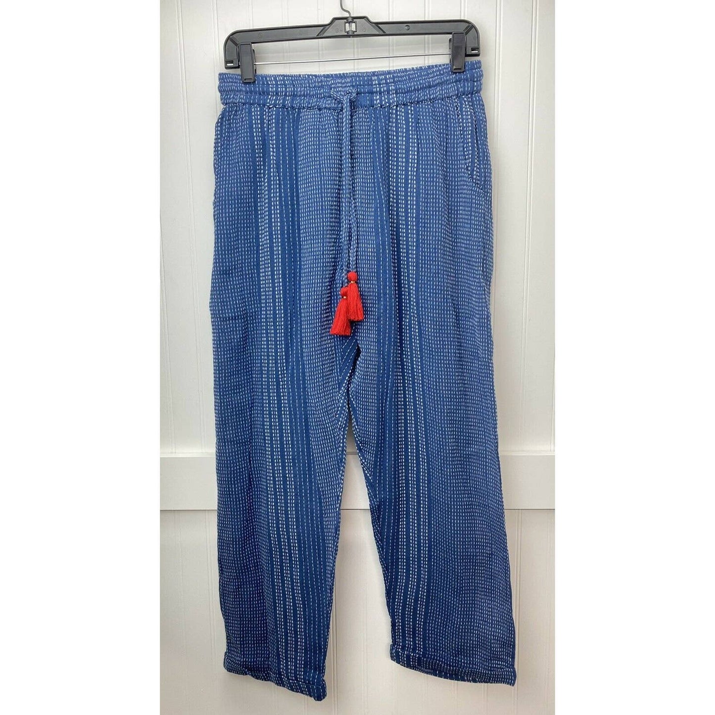 THML Pull On Crop Pants Sz Medium Blue Textured Boho Tassels Lightweight Cotton