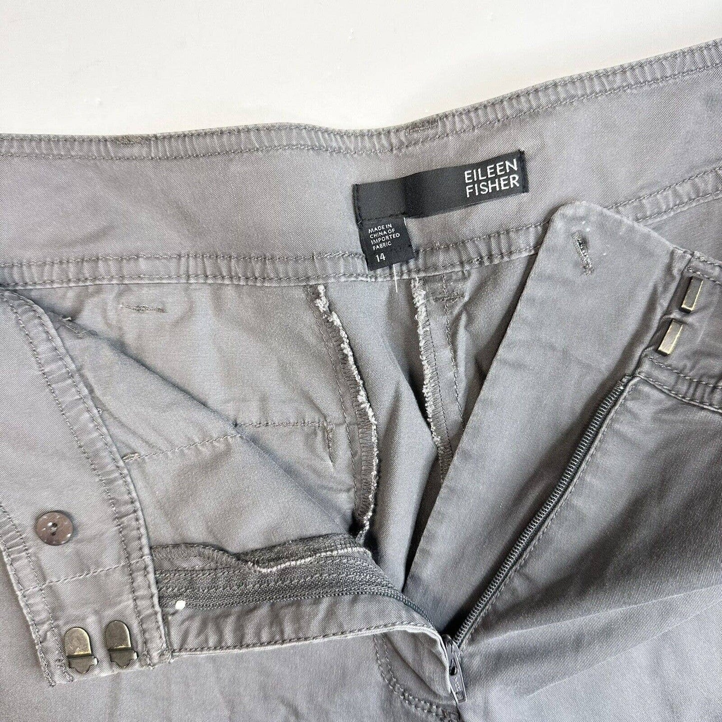 Eileen Fisher Chino Straight Leg Pants Womens 14 Gray Cotton/Lyocell Zipper