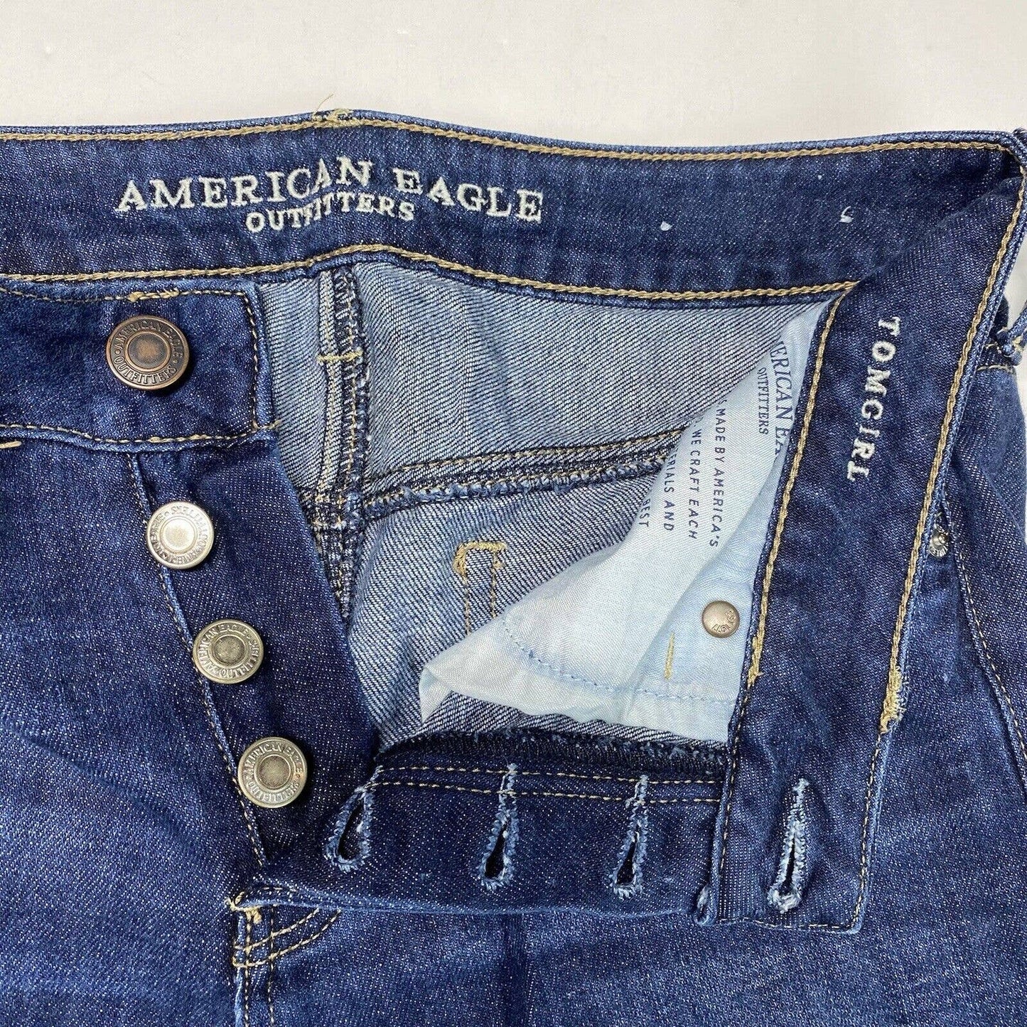 American Eagle Tomgirl Jeans Sz 2 Blue Denim Holes Button Fly *See Measurements