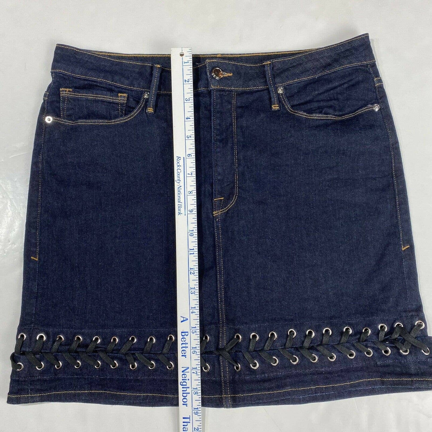 Good American Denim Mini Pencil Skirt Sz 16 Womens Laced Detail Plus Size EUC