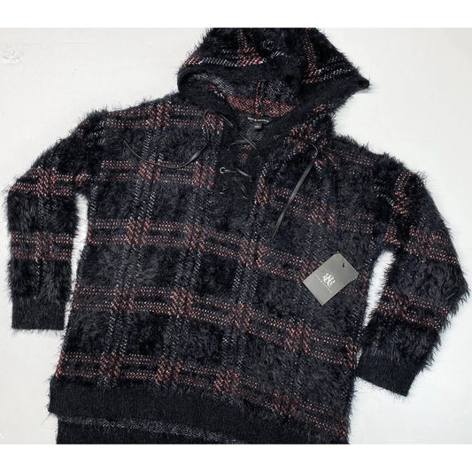 Rock & Republic Furry Hooded Sweater Sz Large Black Plaid Soft Fuzzy Hoodie NEW