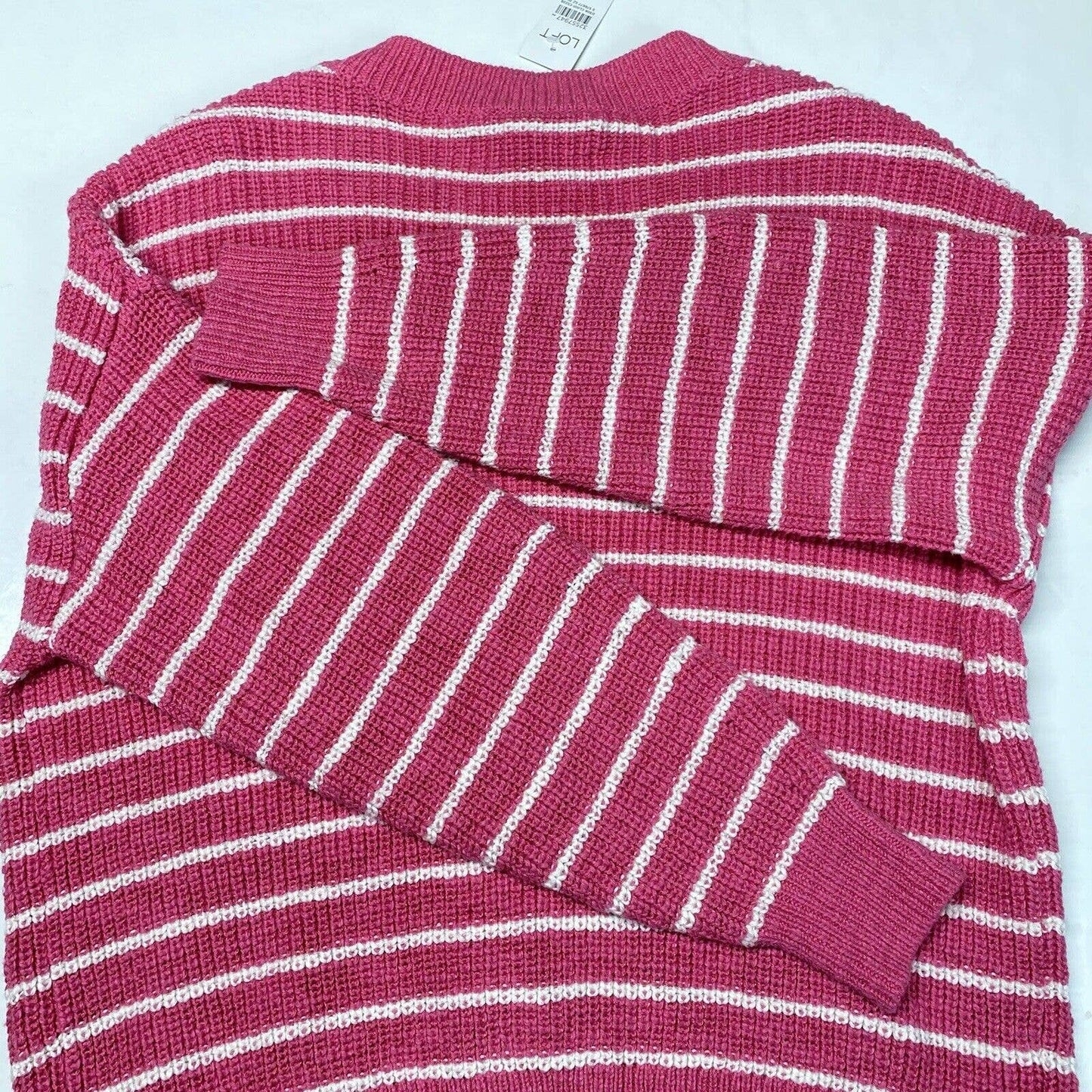 Loft Button Up Knit Cardigan Medium Pink/White Striped Long Sleeve Sweater NEW