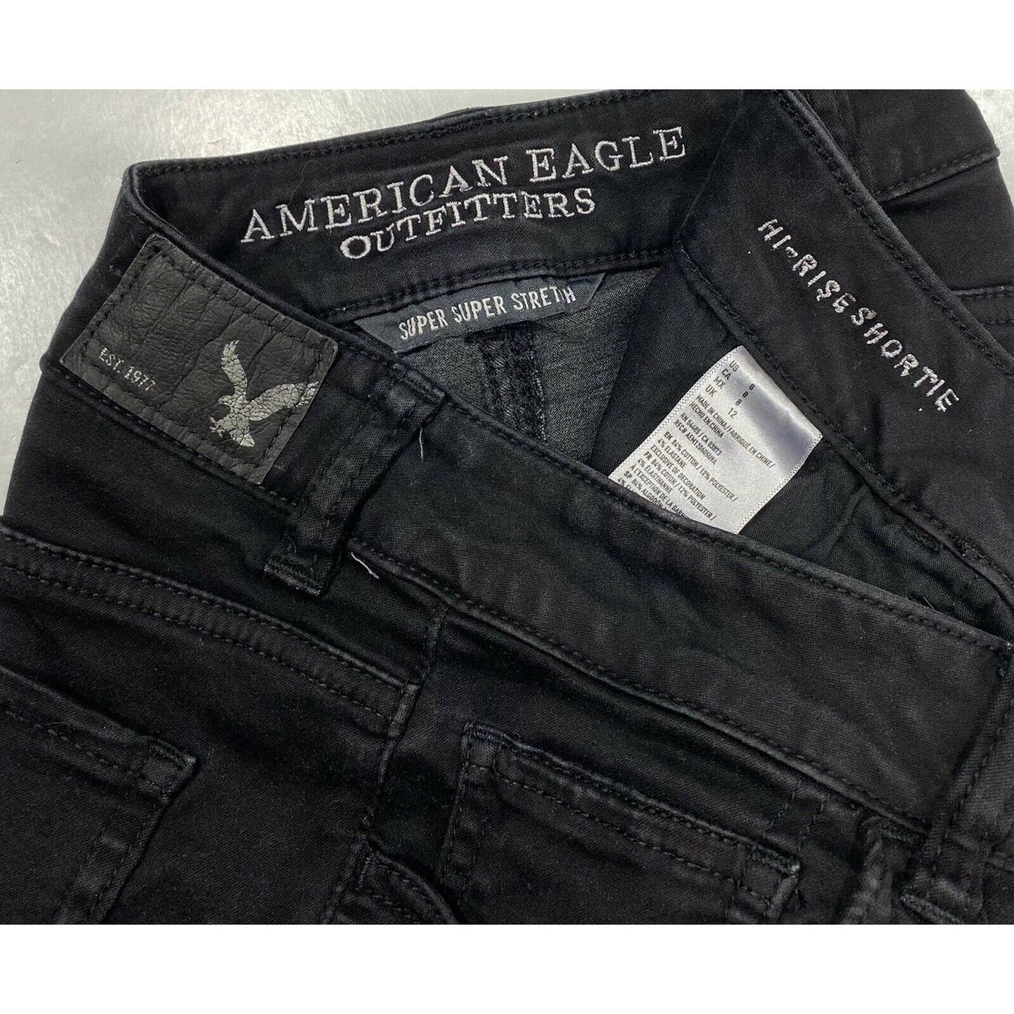 American Eagle Hi-Rise Shortie Sz 8 SuperSuper Stretch Black Denim Shorts RawHem