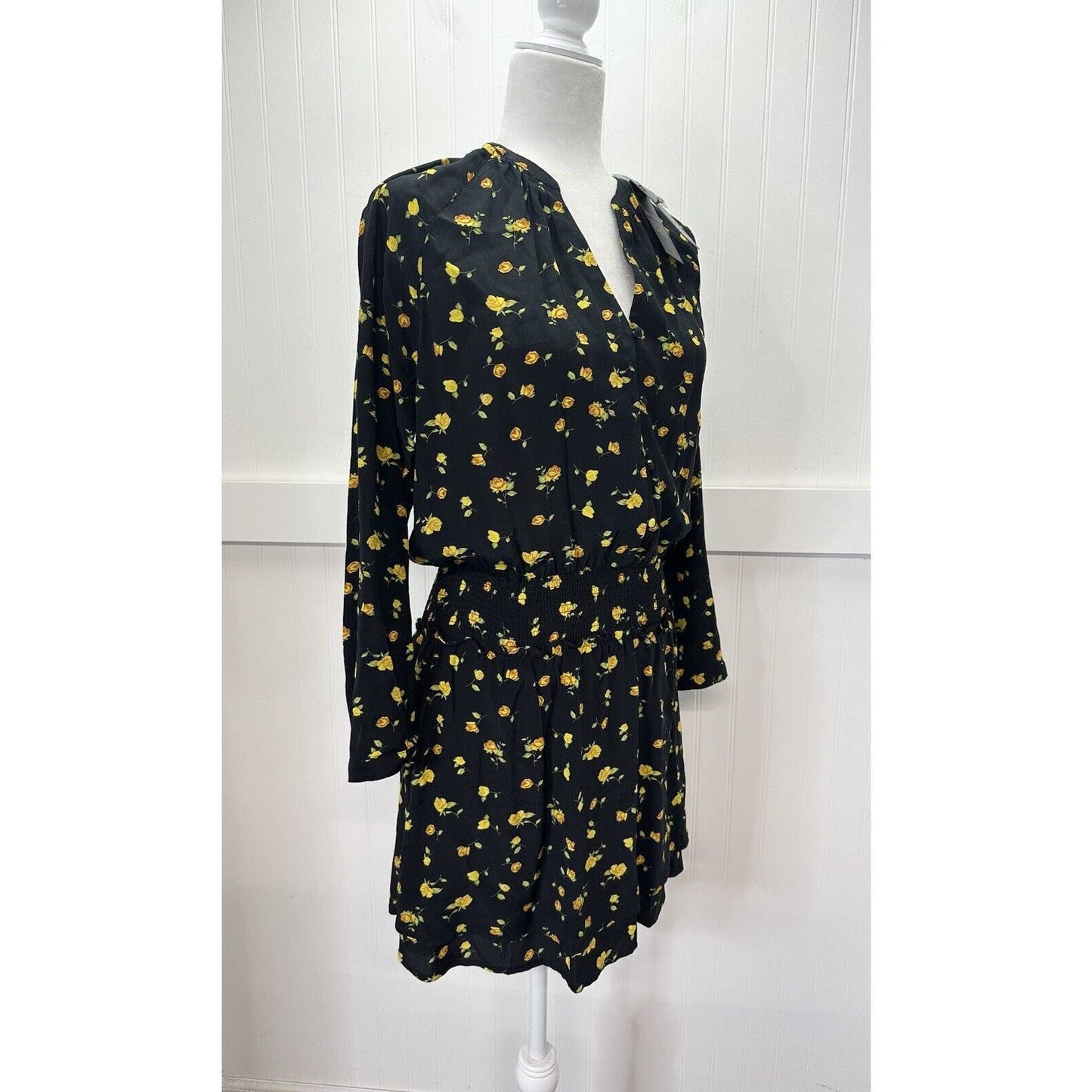 Rails Jasmine Dress XS Black Floral Yellow Roses Semi Sheer Smocked Waist NEW