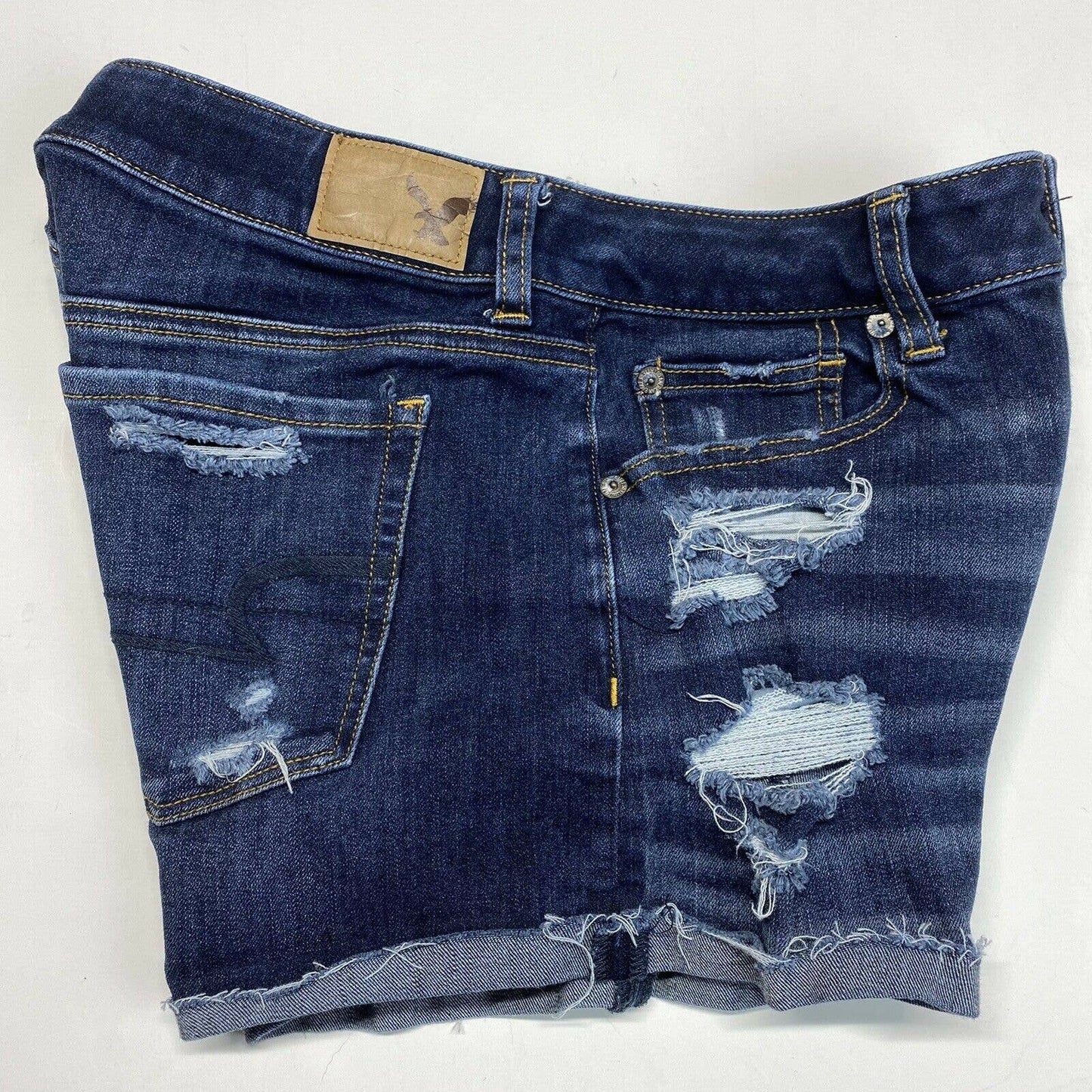 American Eagle Hi-Rise Shortie Sz 6 360 Super Stretch Denim Shorts Holes EUC