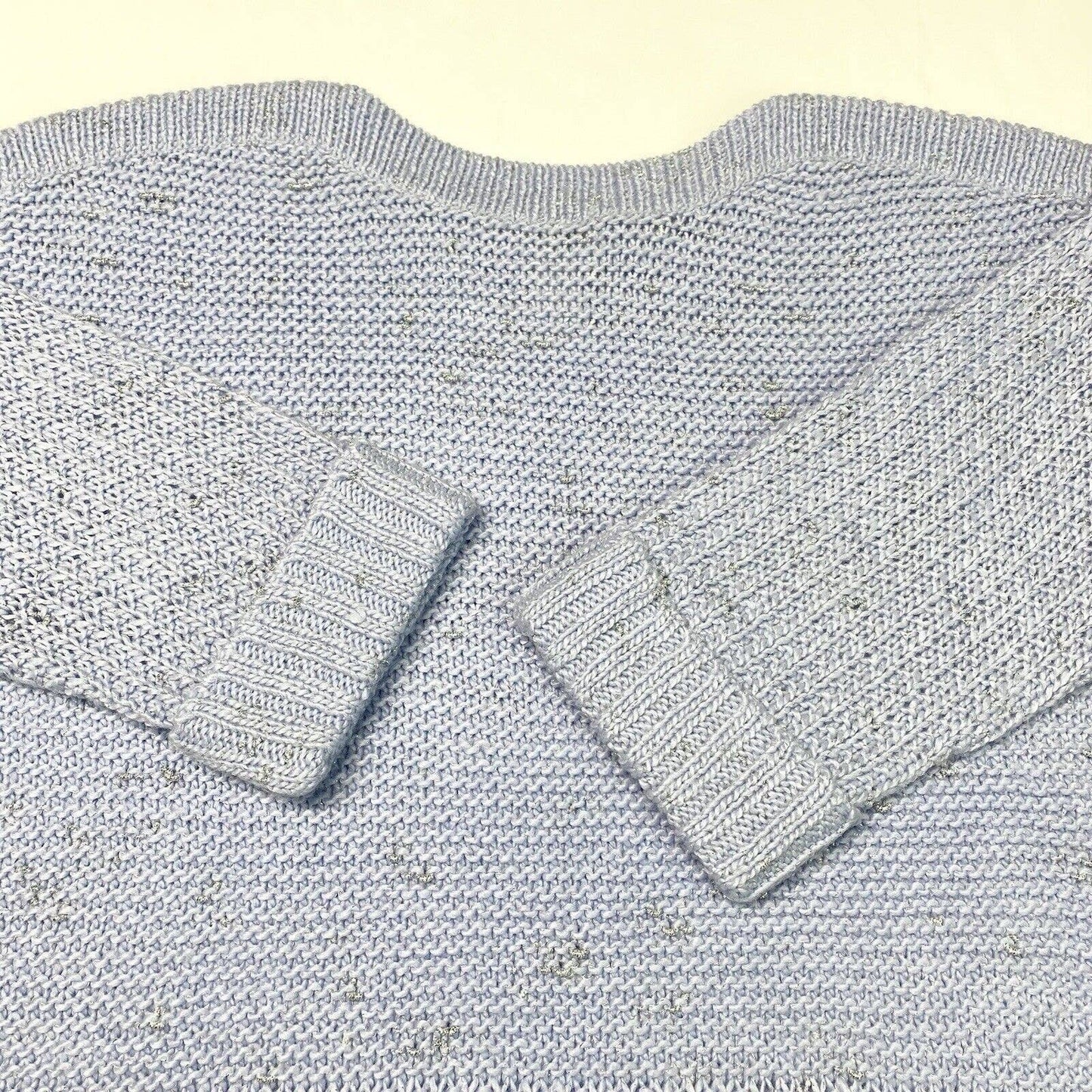 Chicos Knit Sweater Sz 1 (Medium) Light Blue/Silver Metallic 3/4 Sleeve Top