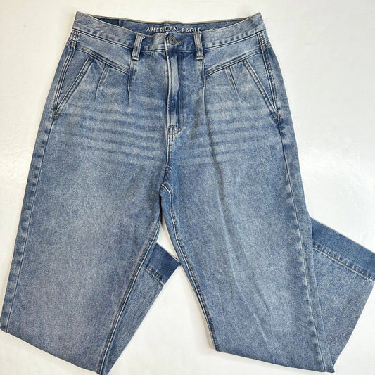 American Eagle Mom Jeans 8 Short High Rise Stretch Denim Acid Wash Look Pleats