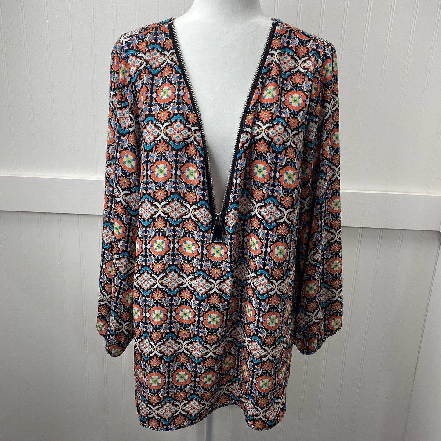 Zac & Rachel Boho Tunic Top Sz 1X Orange Teal Multicolor Pattern Zip Neckline