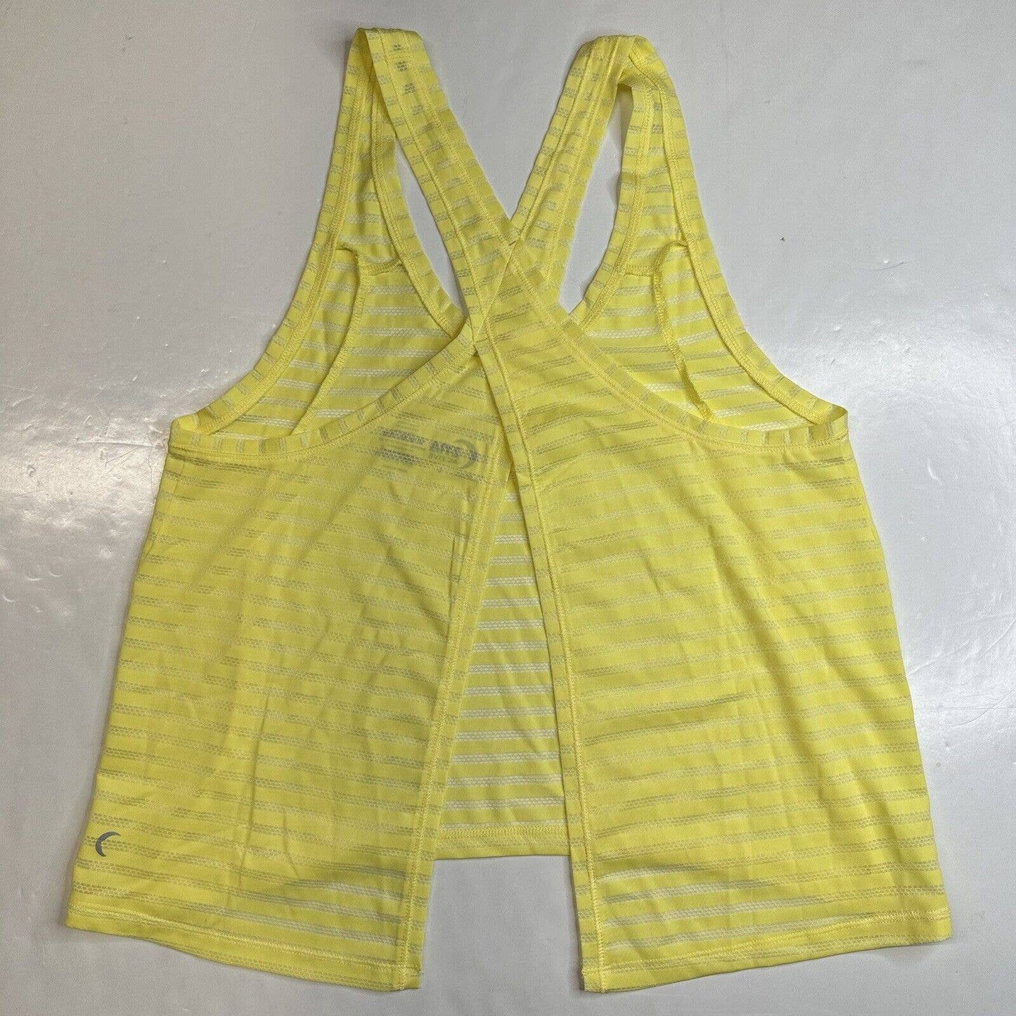 Zyia Active Nimbus Split Back Tank Top Large Yellow Open Back Sheer Stripe EUC