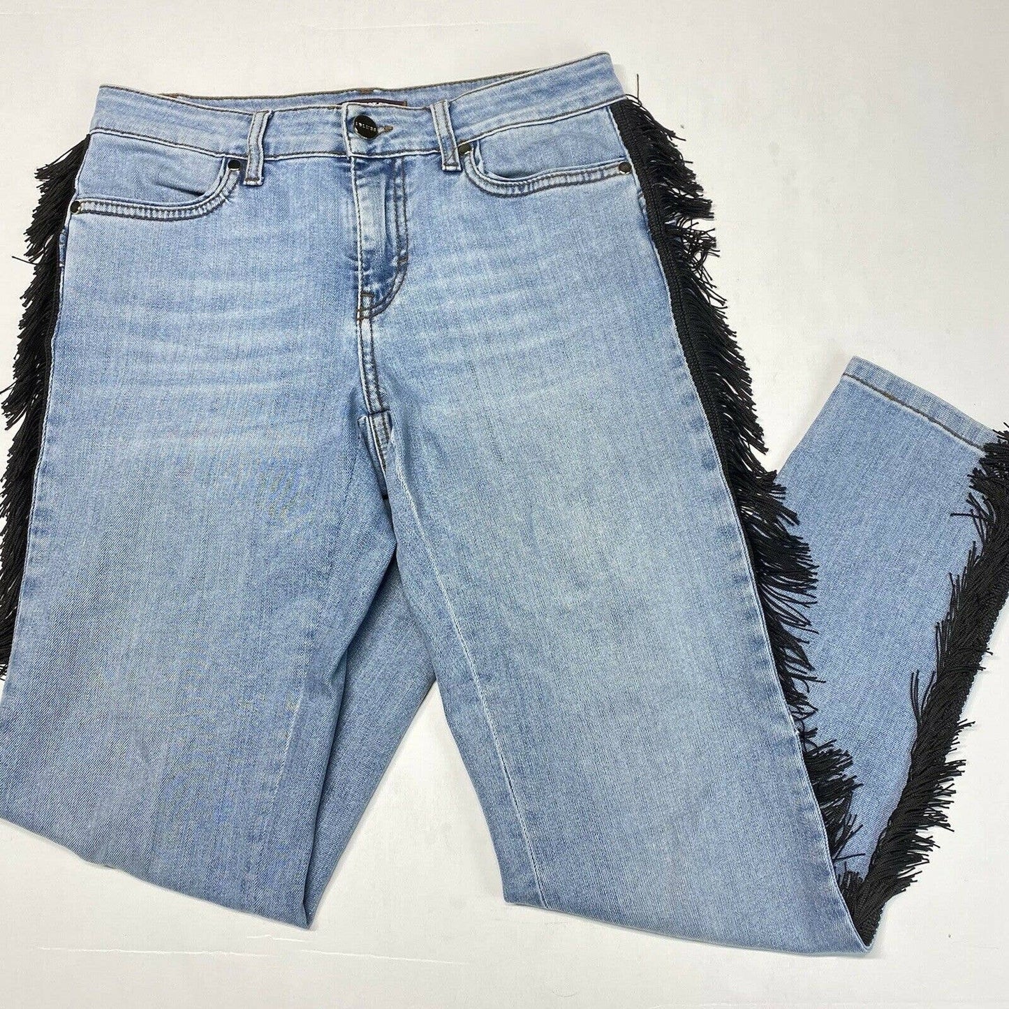 iBlues Perfect Fit Fringe Tapered Leg Sz 2 Stretch Denim Blue Jeans Rodeo *Flaw