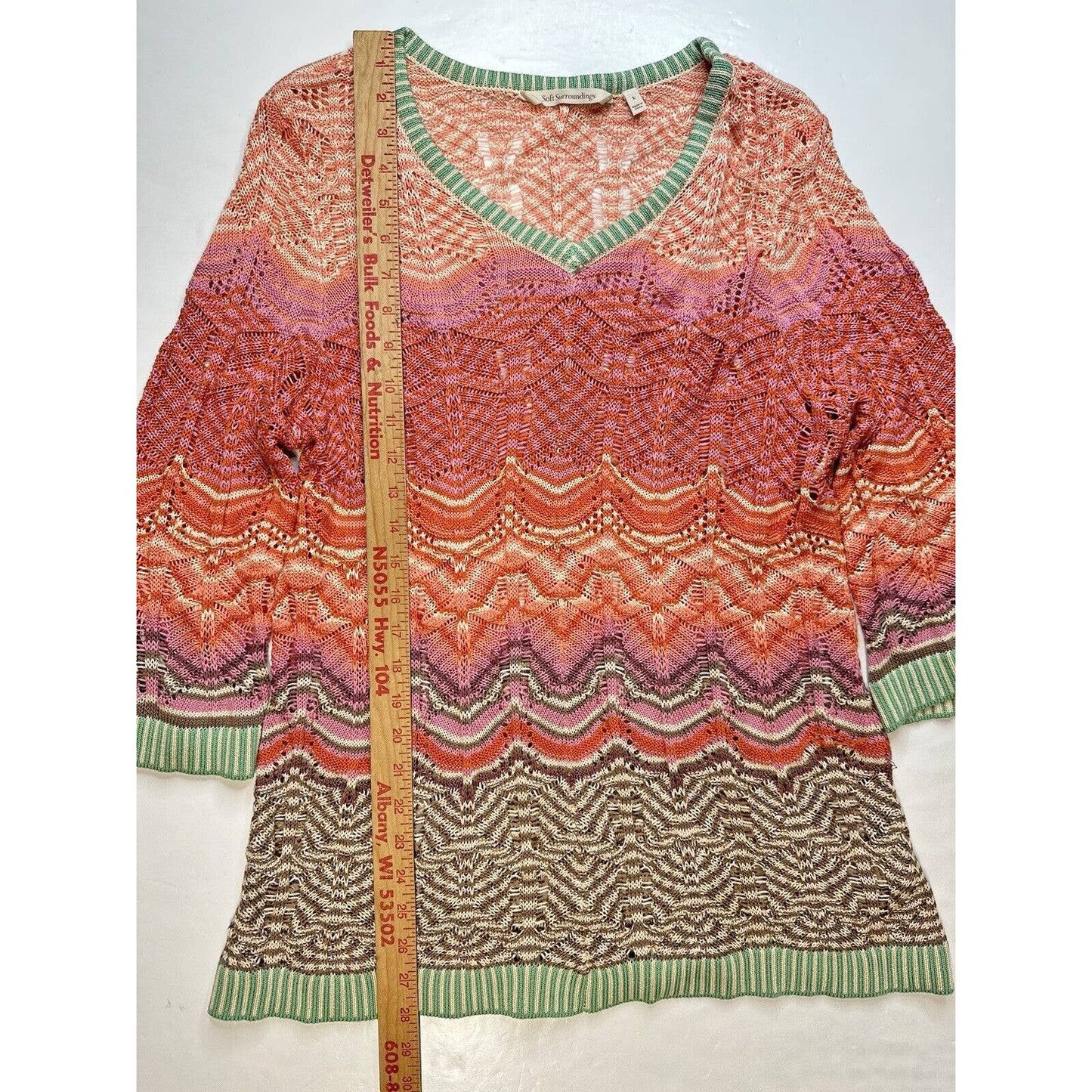 Soft Surroundings Open Knit Tunic Sweater Large Multicolor Colorful Stripes Boho