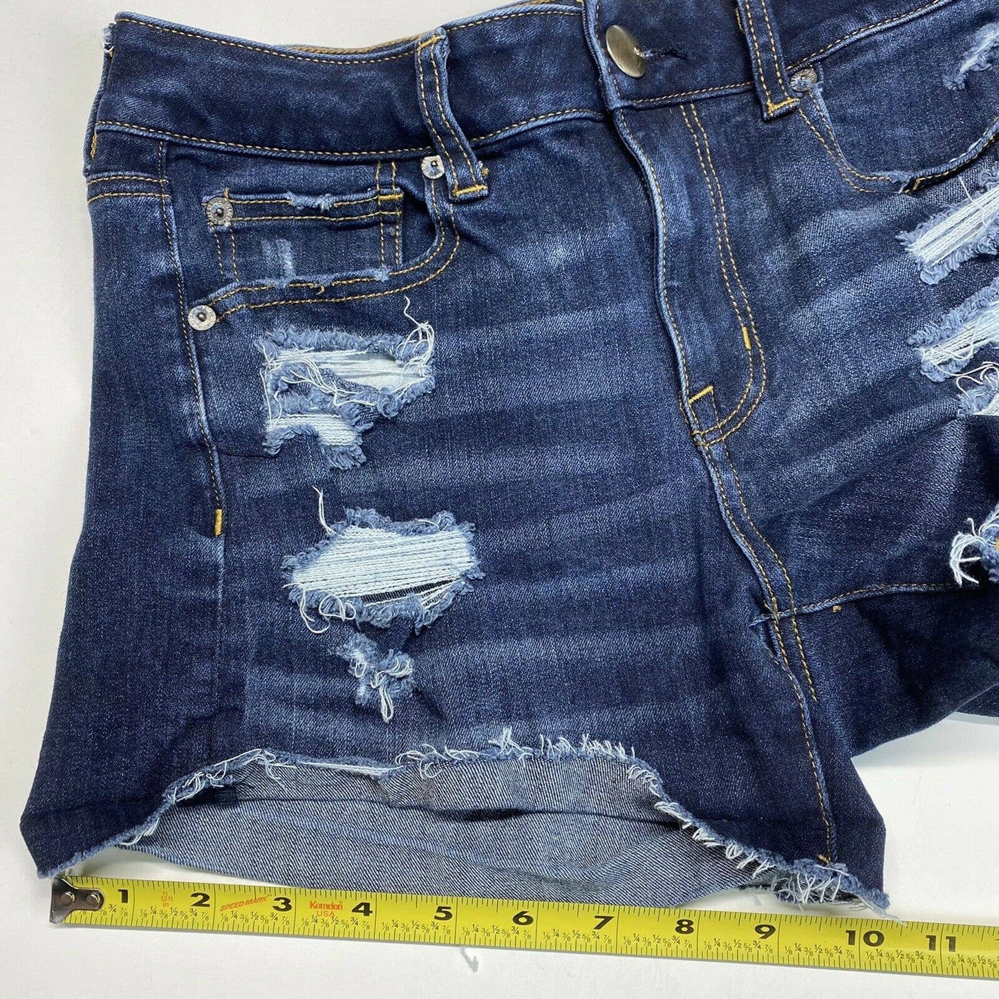 American Eagle Hi-Rise Shortie Sz 6 360 Super Stretch Denim Shorts Holes EUC