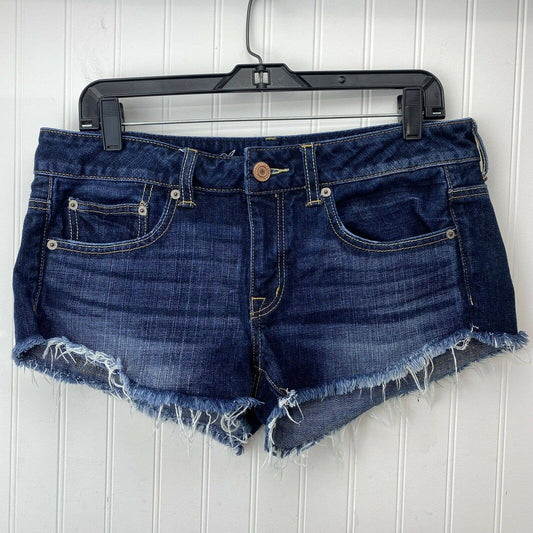 American Eagle Shortie Sz 8 Denim Blue Jean Short Dark Wash Raw Hem 100%Cotton