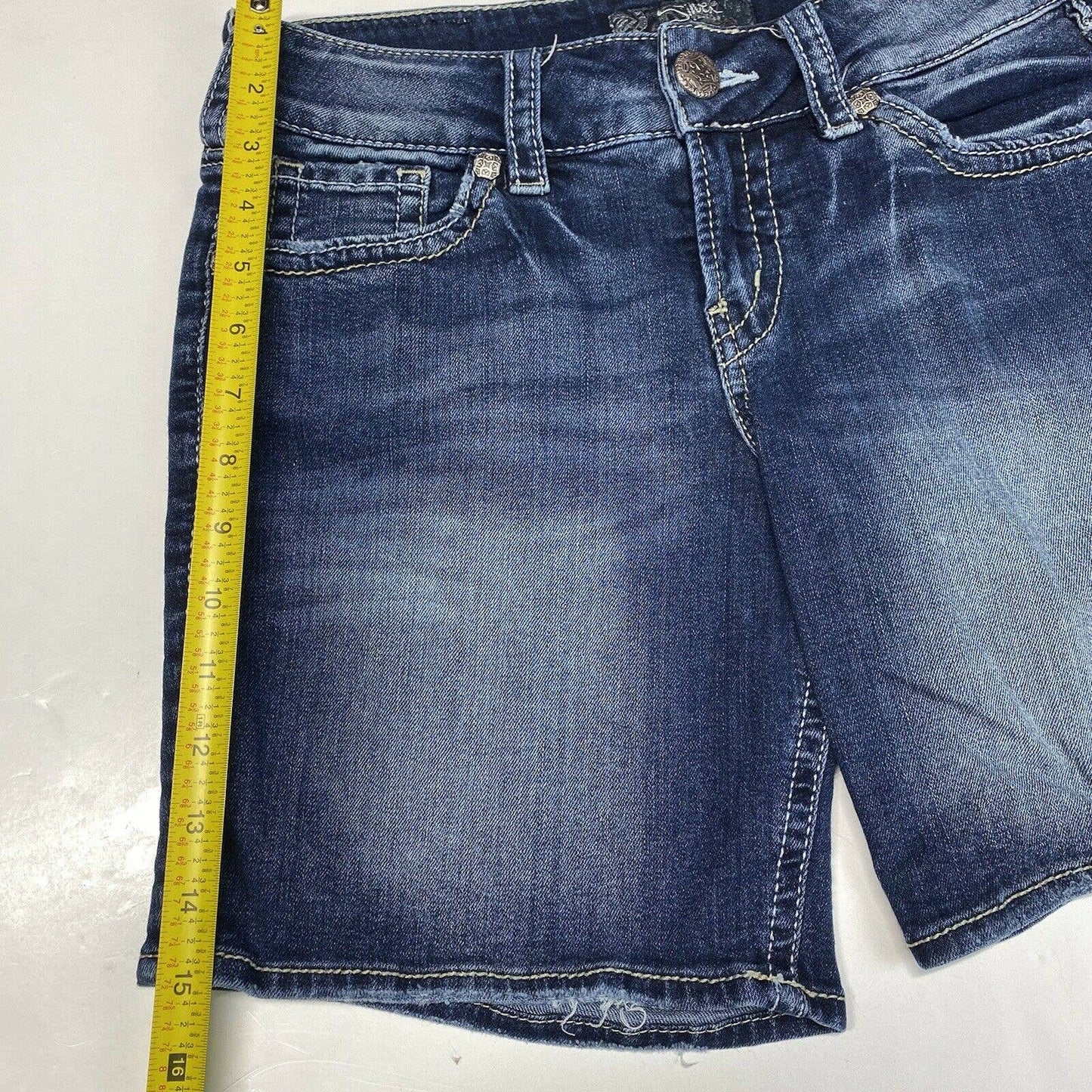 Silver Suki Mid Shorts Sz 27 (28"Waist) Stretch Denim Jean Dark Wash Distress