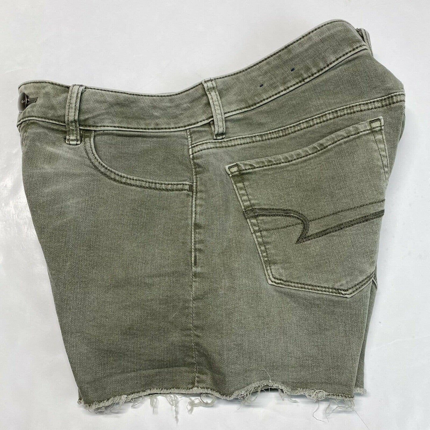 American Eagle Hi-Rise Shortie Sz 8 Super Super Stretch Green Denim Short RawHem