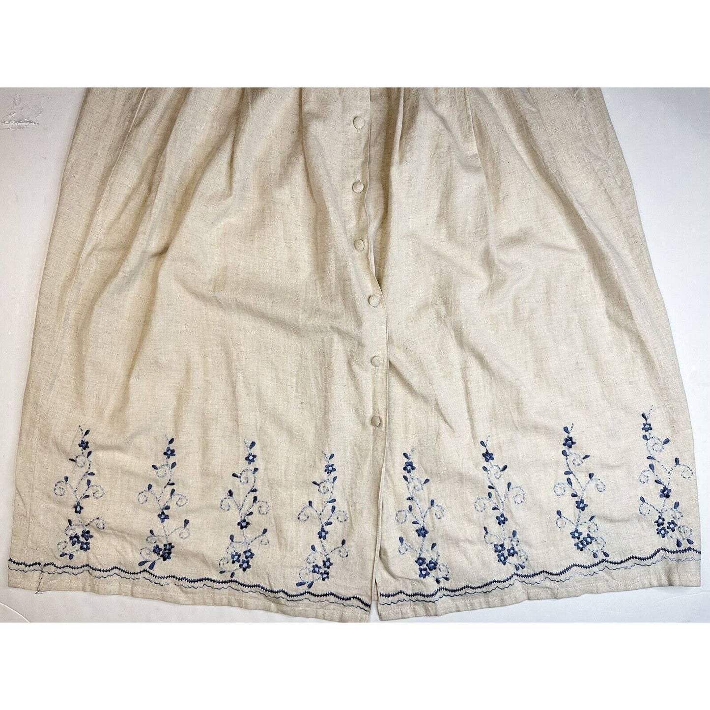 Vintage Two-Twenty Button Front Maxi Skirt 2XLP Beige Cotton/Flax Embroidery