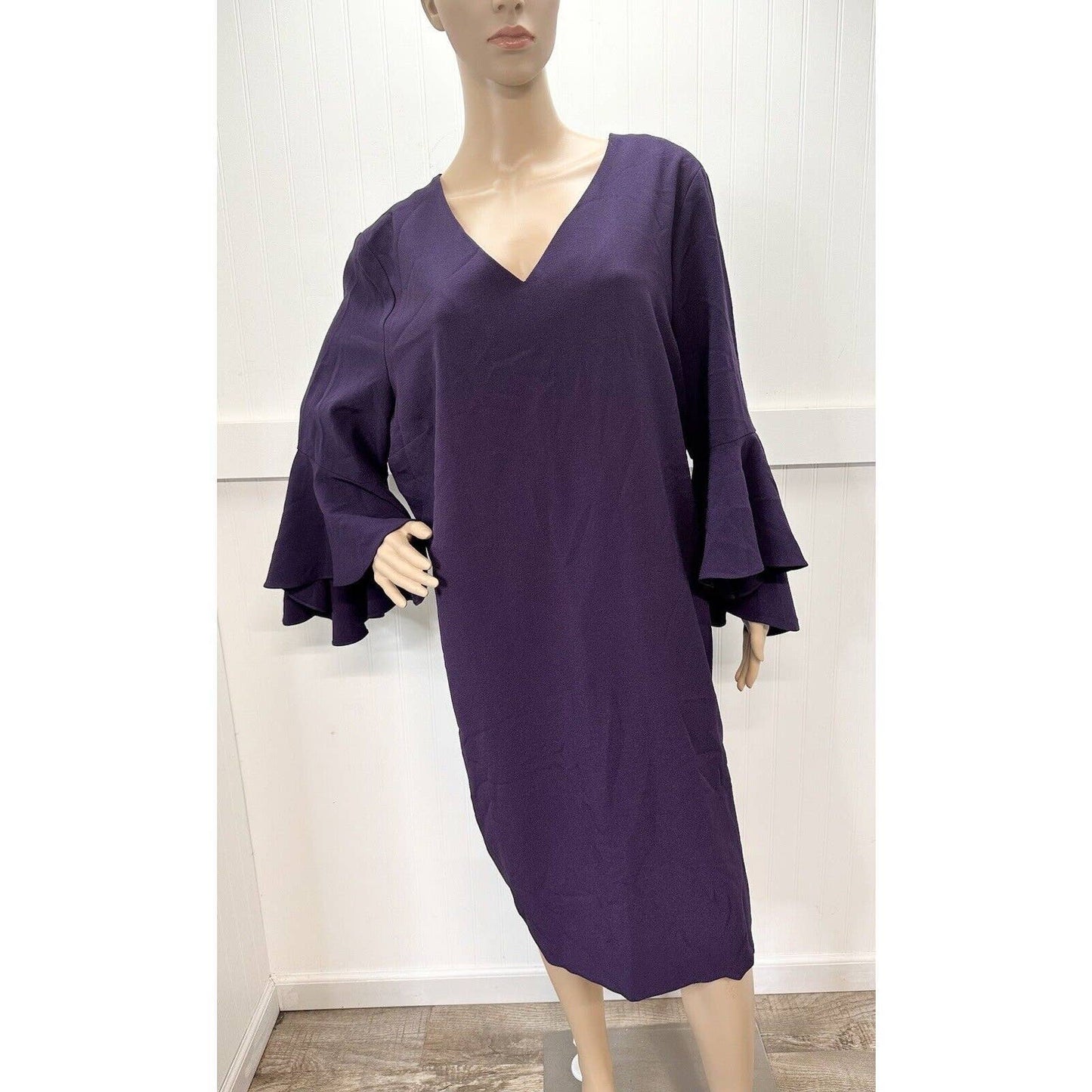 Chicos Shift Dress 4 (US 20/XXL) Womens Deep Purple VNeck Bell Sleeves Lined NEW