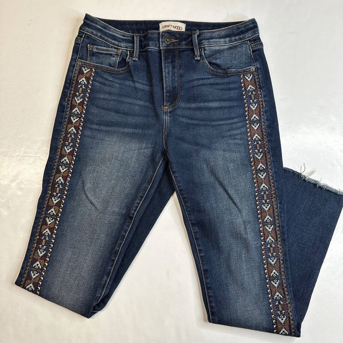 Driftwood Jackie Skinny Jeans Womens 28 Denim Western/Aztec Embroidery Fray EUC