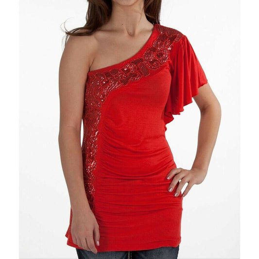 BKE Buckle Boutique One Shoulder Top Sz Medium Womens Red Sequin Stretch NEW