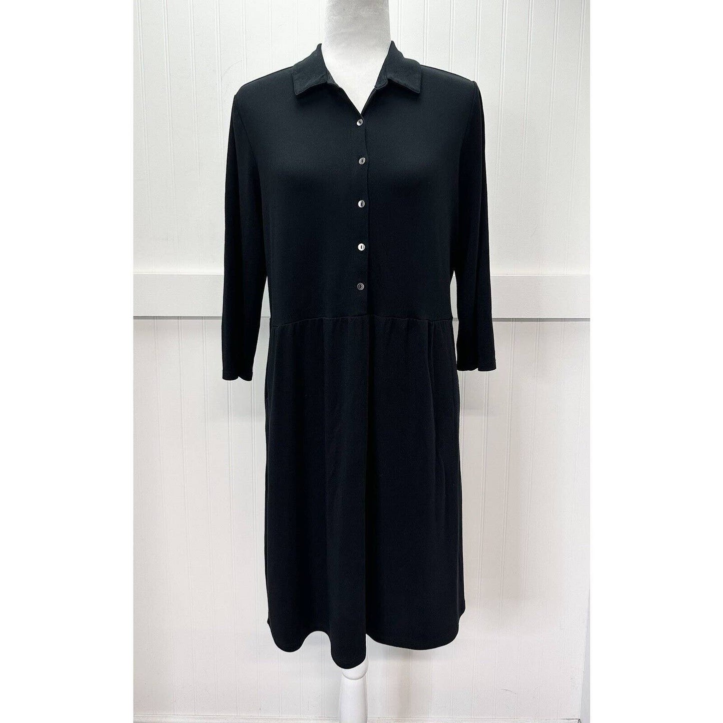 J Jill Shirt Dress Sz Medium Black Buttons Cotton Modal Blend Stretch 3/4 Sleeve