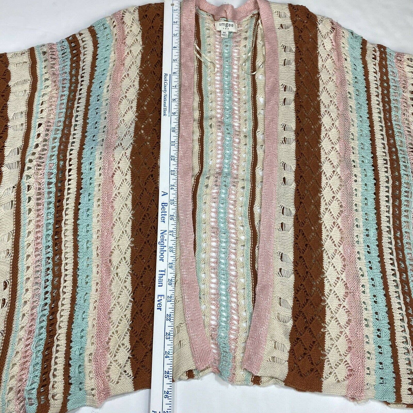 Umgee Open Knit Sweater Poncho Sz Med/Large Pink Blue Brown Boho Cardigan Drape