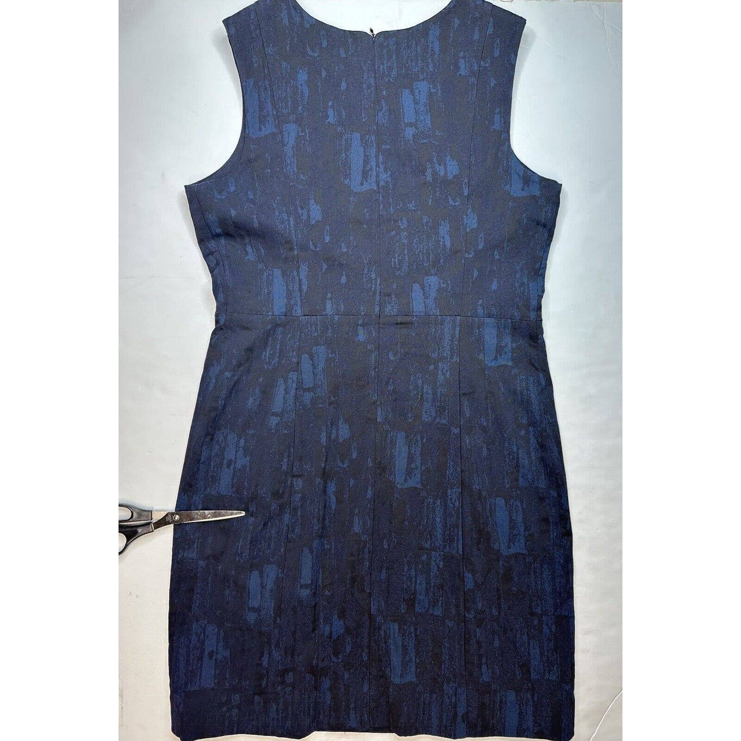 MM LaFleur Shirley Sheath Dress 14 Blue/Black Jacquard Sleeveless Stretch Slit